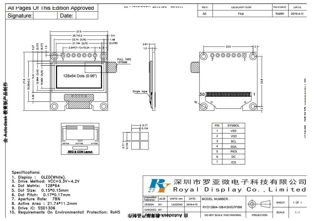 0.96′′ 128X64dots 4-Wires Spi Visible in Sunlight OLED Display
