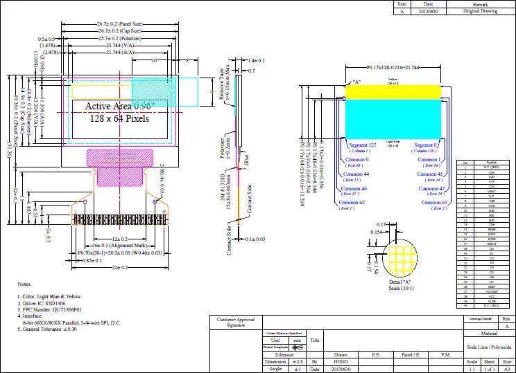 0.96-Inch 128 X 64p OLED Display with Yellow and Blue Colors