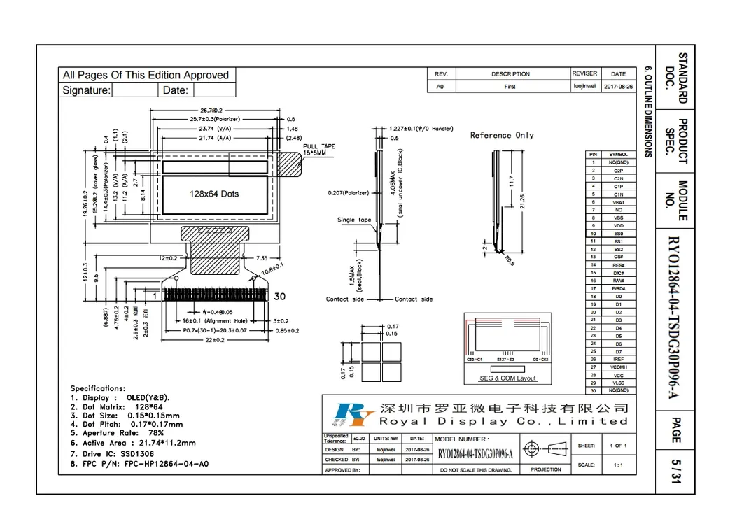 Blue/Yellow 0.96 Inch 128X64 SSD1306 30 Pin Oximeter OLED Display